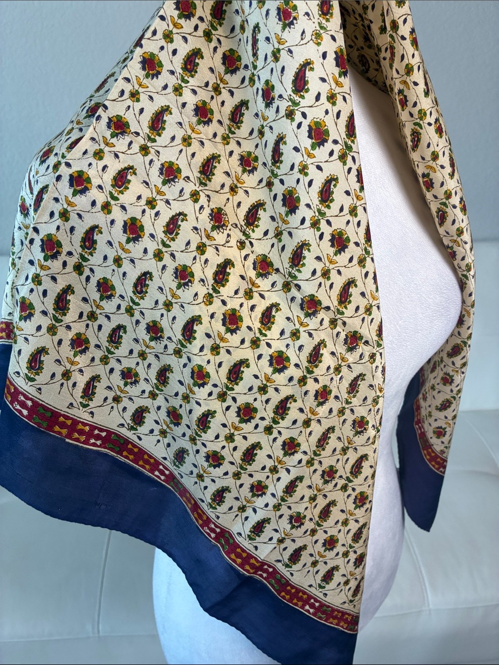 100% Silk Cream Floral Paisley Scarf with Navy Border- Made in India